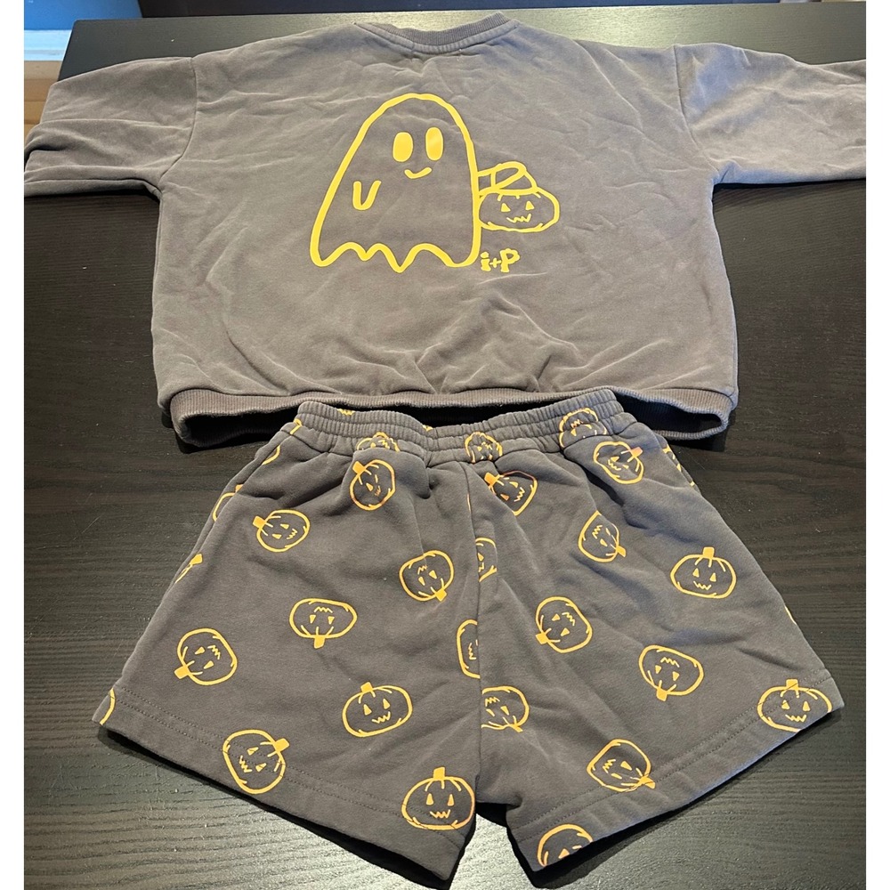 Indy + Pippa Kids Halloween Ghost Pumpkin Sweatshirt and Shorts Set Gray - Picture 4 of 4
